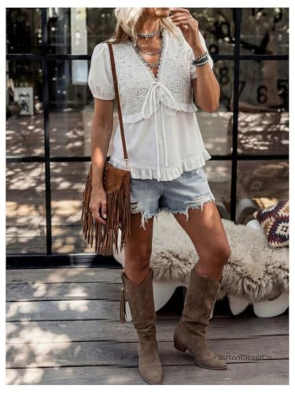Embroidered Tie Front V Neck Puff Sleeve Babydoll Blouse Boho Peplum Top - Picture 4 of 4
